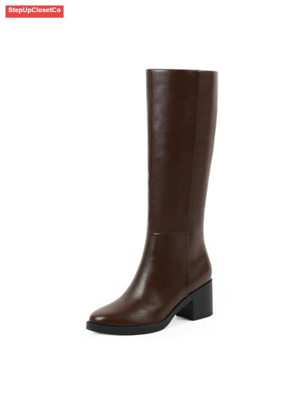 Faux PU Leather Knee High Boots Low Block Heel Round Toe Tall Boots